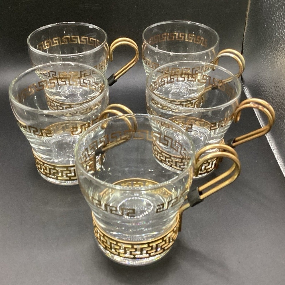 Vtg‎ Libbey Glass Mugs w/ Gold Creek Key Design-Metal Handles-Set of 5